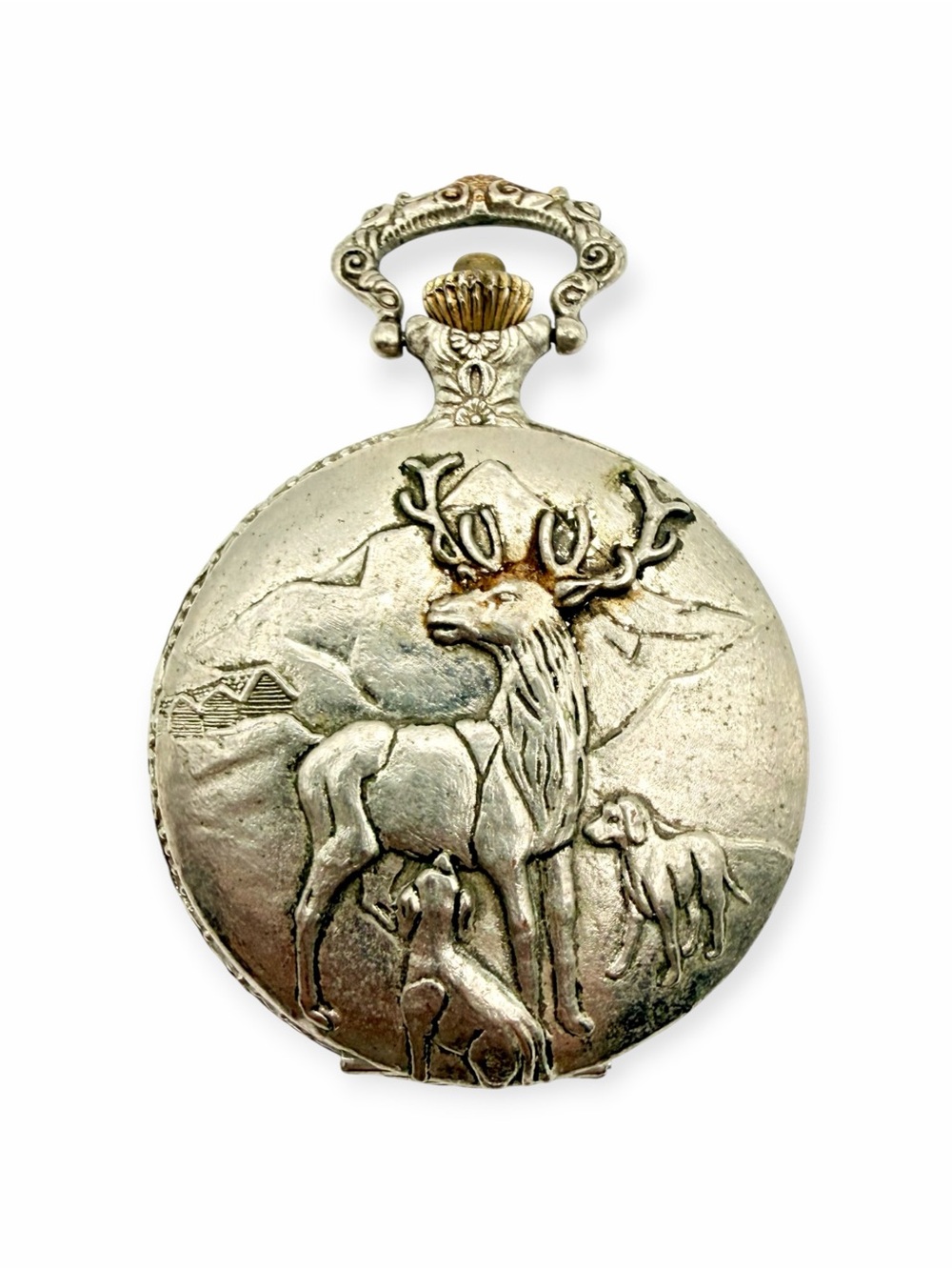 Vintage Churchil Pocket Watch Silver Tone Stag Deer Hunting Dogs Untested